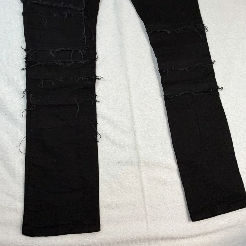 FWRD Denim Black Distressed Frayed Stacked Raw Edge Straight Slim Leg‎ Sz 30